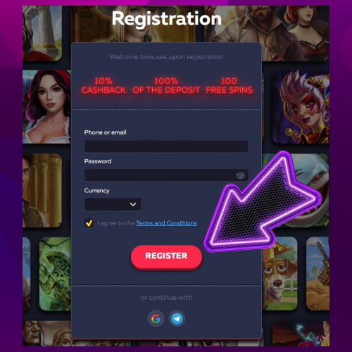 The homepage of the casino's official website with the registration form open