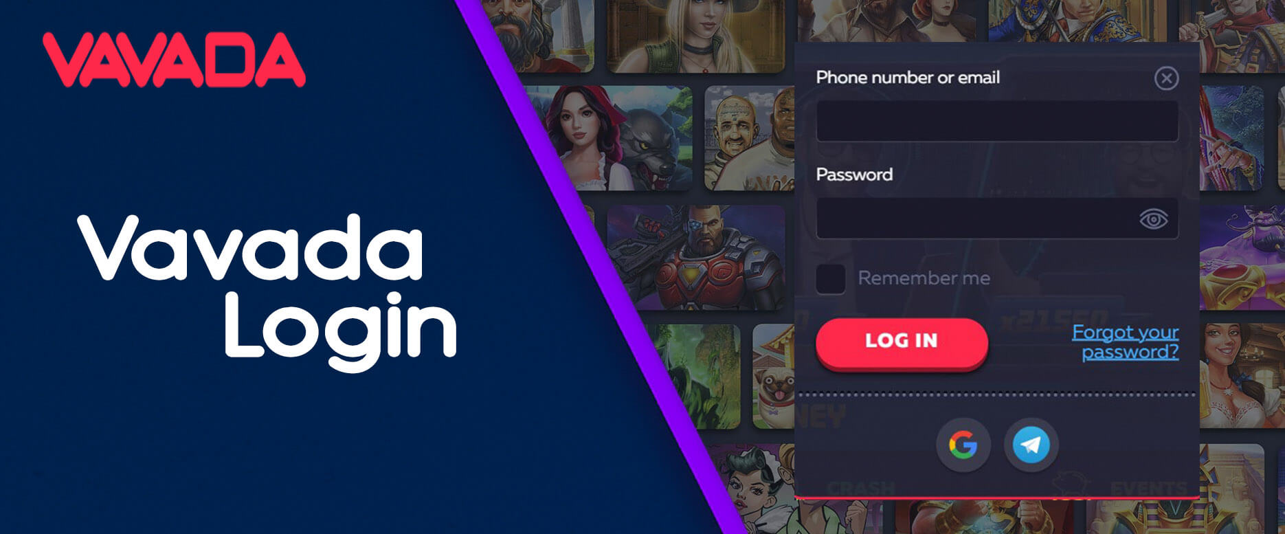 Vavada login window for existing players with fields for username and password.