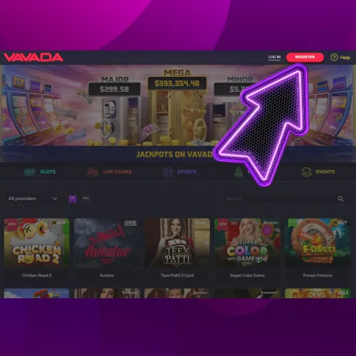 Homepage of the Vavada website with the &ldquo;Register&rdquo; button highlighted